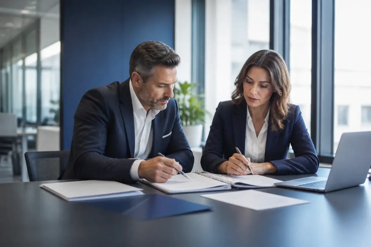 Consulente e responsabile aziendale durante una revisione documentale per una certificazione ISO