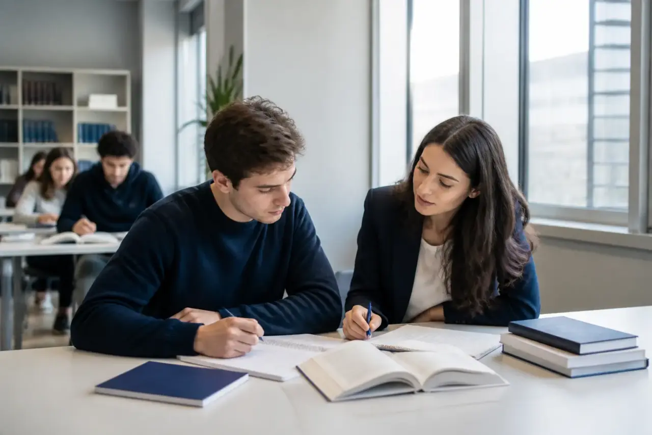 Studente impegnato nella preparazione con il supporto di un tutor