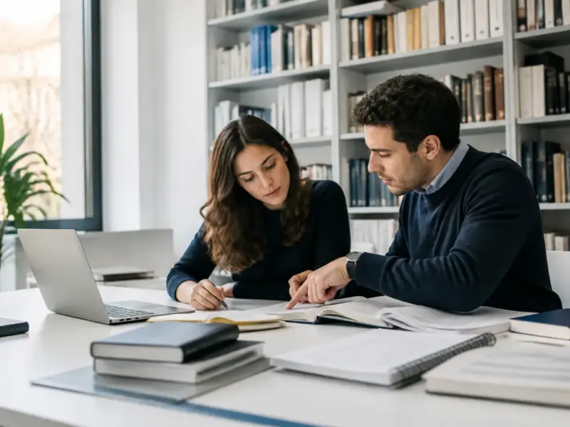 Studentessa organizza indice, capitoli e fonti della tesi con materiali di ricerca