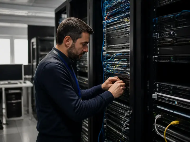 Tecnico informatico adulto al lavoro su server, reti e workstation