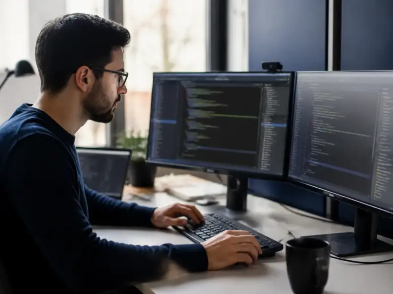 Sviluppatore adulto al lavoro su software e strumenti di programmazione