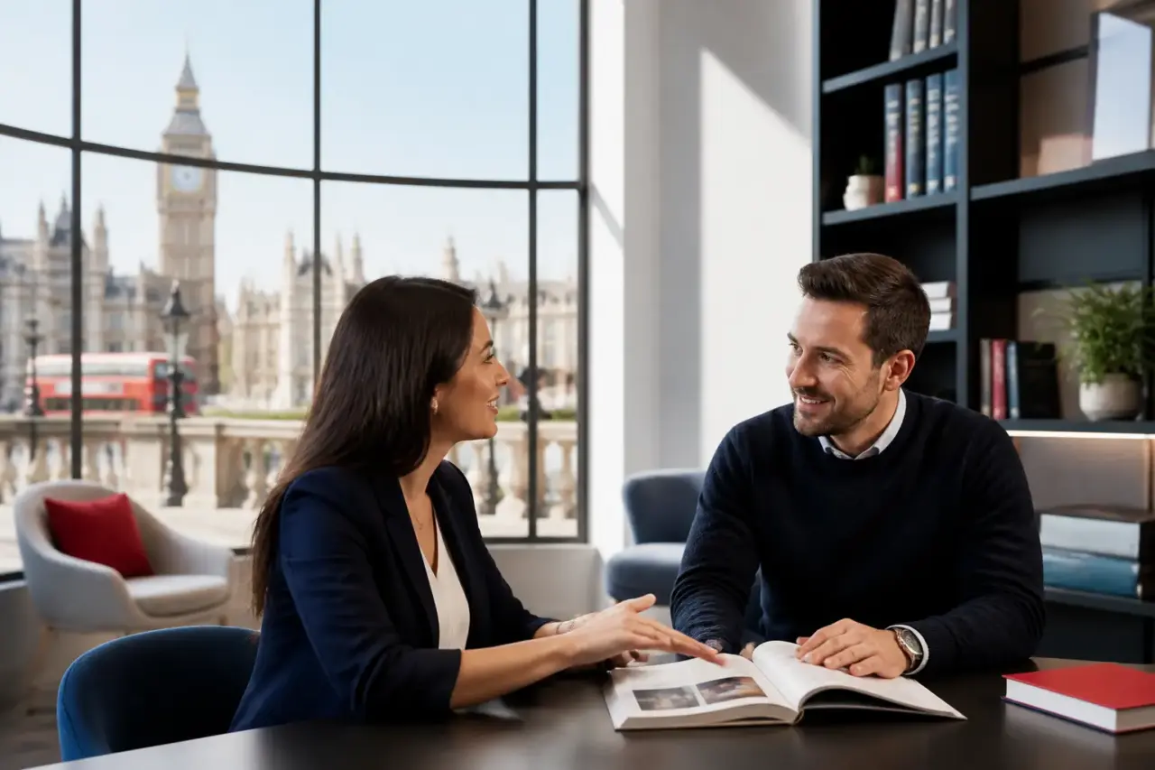 Professionista che studia inglese in un ambiente urbano londinese