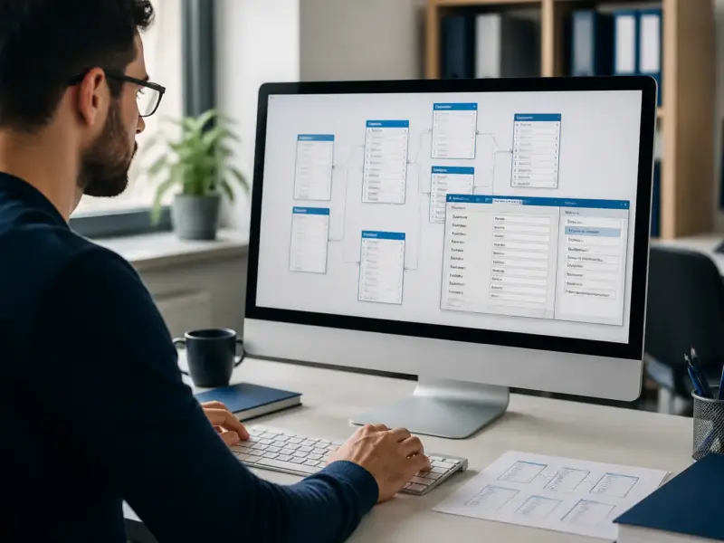Corsista adulto impegnato nella creazione e organizzazione di un database