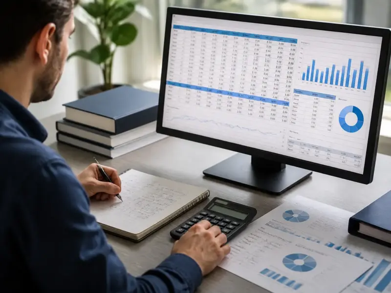 Corsista adulto impegnato nell’analisi di tabelle e grafici con un foglio di calcolo
