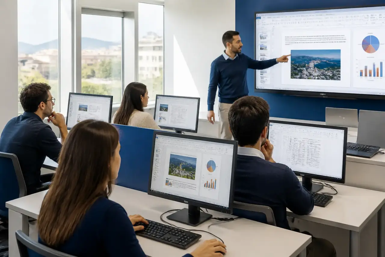 Docente e corsisti adulti durante una lezione pratica di informatica a Caserta
