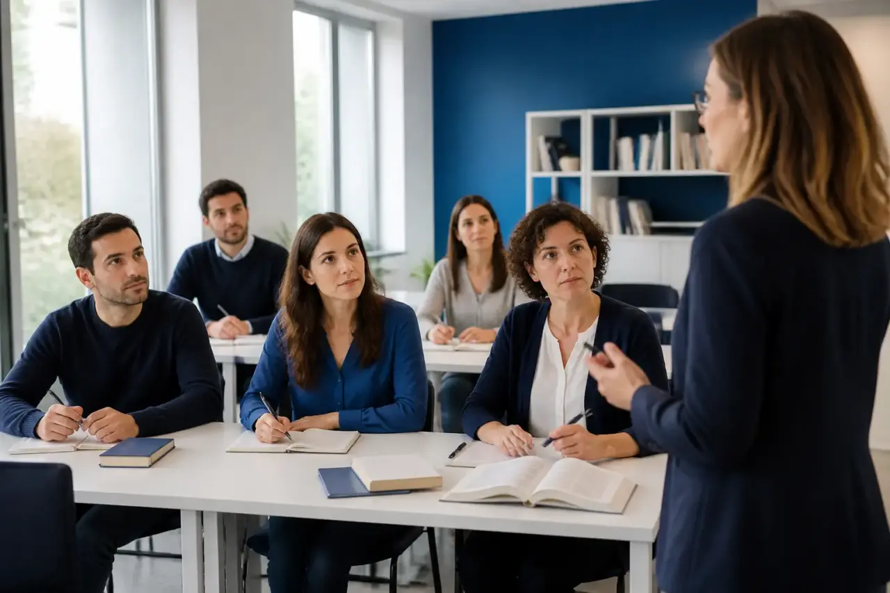 Docente e candidati adulti durante una lezione di preparazione concorsuale
