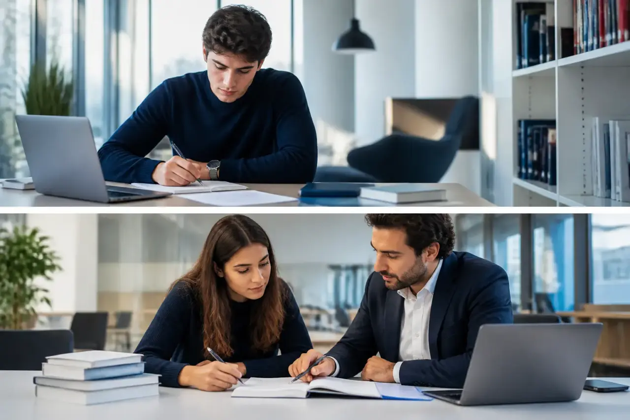 Studente durante una preparazione individuale ai test universitari con tutor