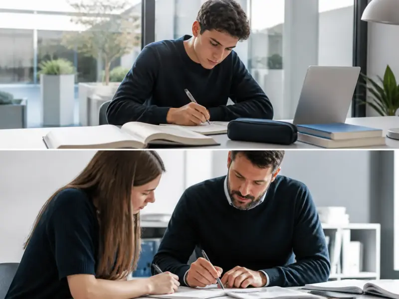 Tutor e studente correggono esercizi per un test universitario