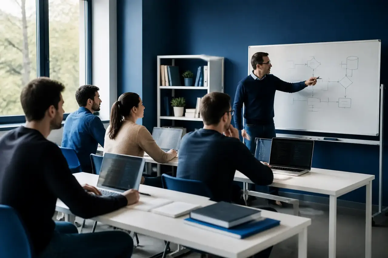 Docente e corsisti adulti durante una lezione pratica di programmazione a Caserta
