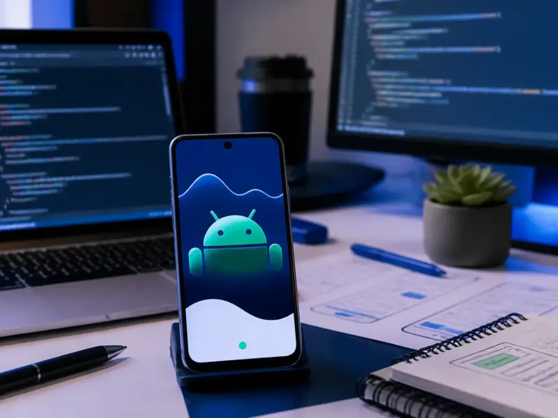 Smartphone con applicazione Android durante sviluppo e test