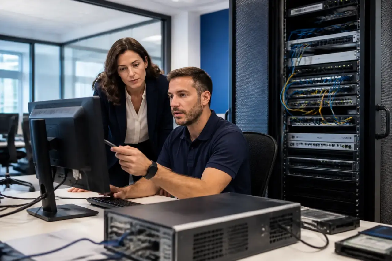 Tecnico IT e responsabile aziendale durante il controllo di una workstation e della rete informatica