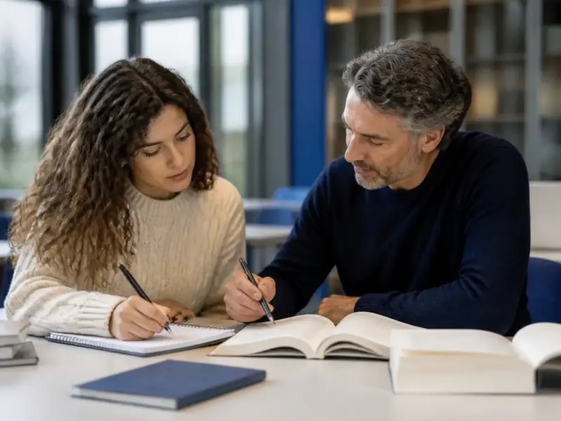 Studente affiancato da un tutor nella preparazione di un esame universitario