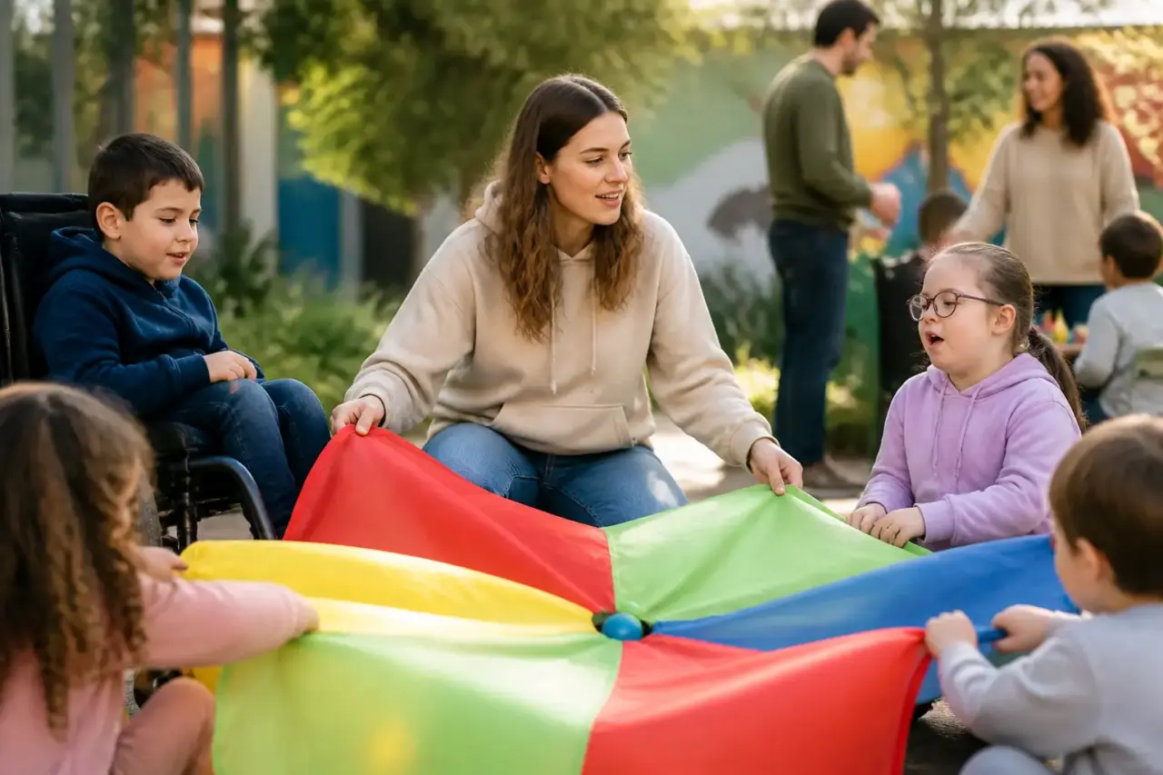 Animatore sociale durante un’attività socio-educativa inclusiva
