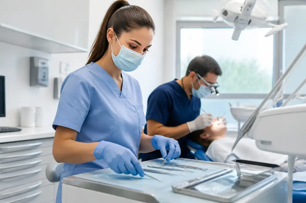 Assistente alla poltrona durante la preparazione di uno studio odontoiatrico