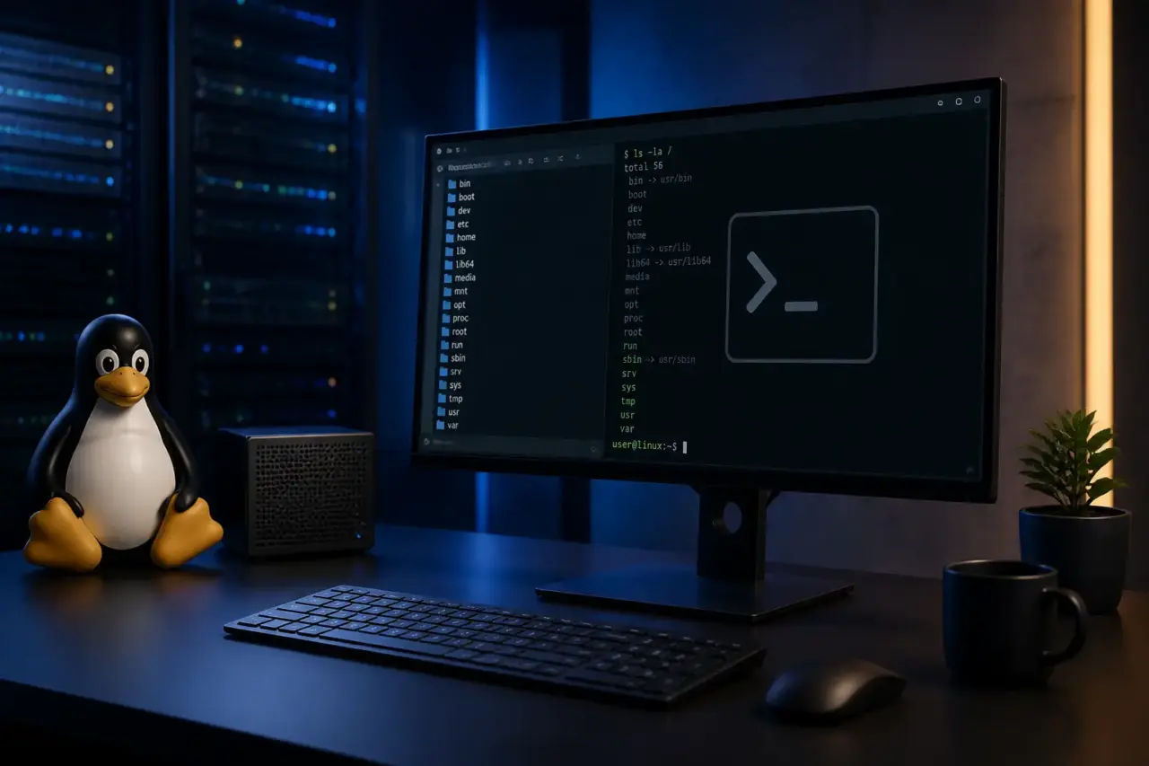 Ambiente Linux con terminale e richiamo visivo a Tux
