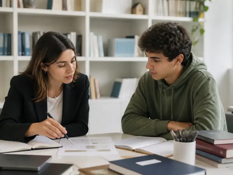 Giovane adulto con orientatore mentre valuta un piano di studio