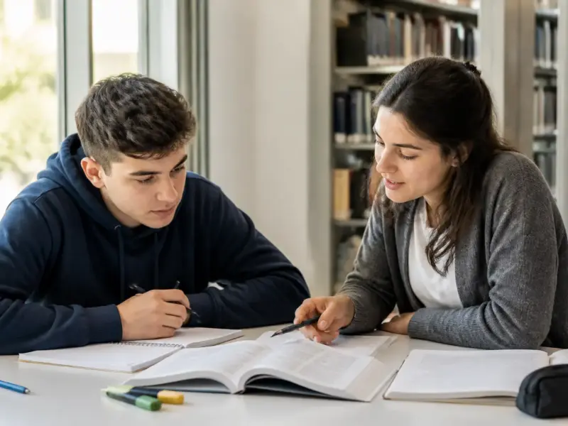 Studente adolescente seguito da un tutor durante una lezione