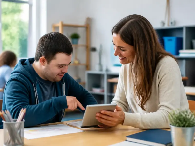 Assistente che sostiene comunicazione e autonomia di una persona con disabilità