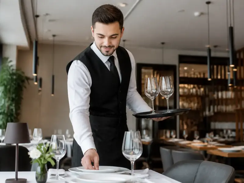 Cameriere mentre prepara una sala ristorante
