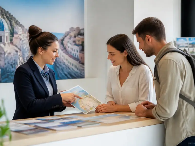 Operatrice turistica mentre accoglie dei visitatori