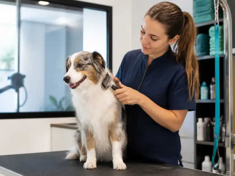 Operatore animal care durante la cura di un cane