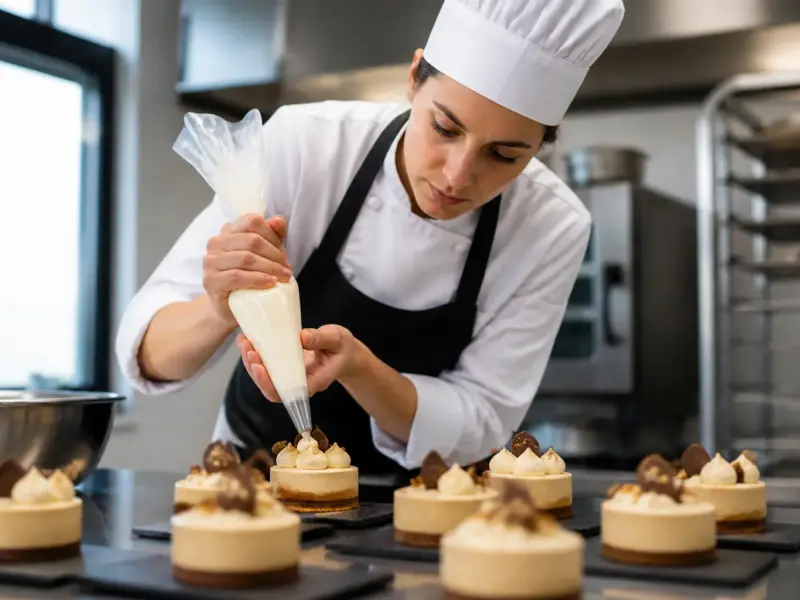 Pasticciere durante la preparazione di prodotti da forno