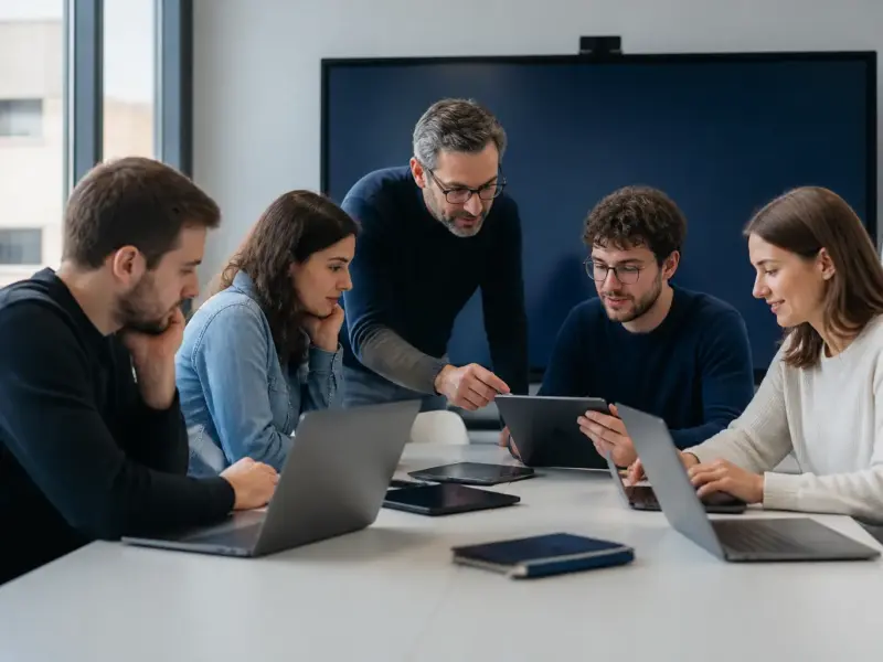 Docente e adulti impegnati in un percorso di formazione digitale professionale