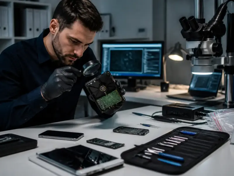 Analista forense che esamina dispositivi digitali