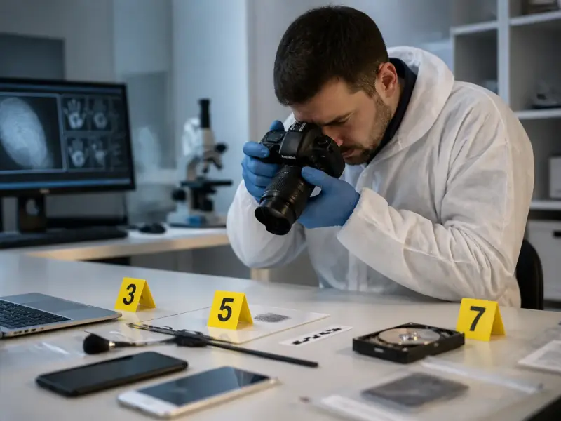 Specialista che documenta evidenze in un laboratorio investigativo