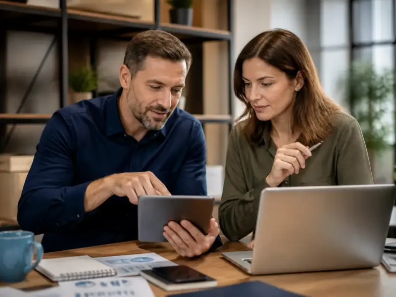 Adulto impegnato in attività digitali quotidiane su notebook e tablet