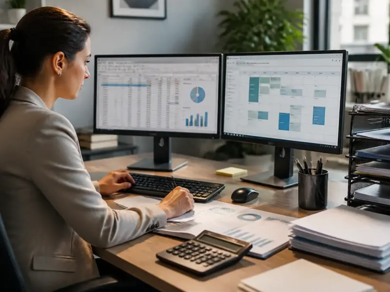 Professionista che organizza documenti e attività d’ufficio digitali