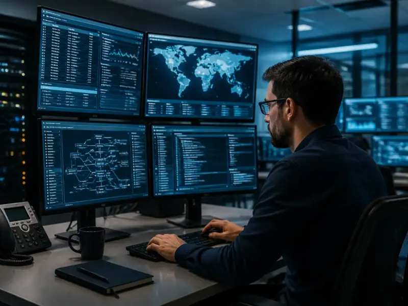 Analista impegnato nel monitoraggio della sicurezza informatica