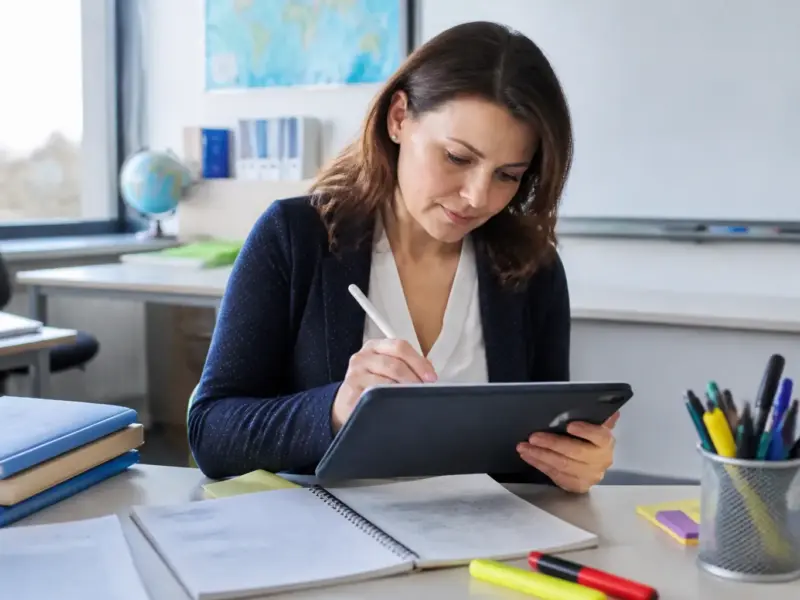 Docente che progetta una lezione con il tablet
