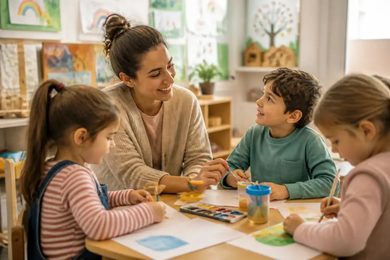 Educatore per l’infanzia impegnato in un’attività educativa con bambini