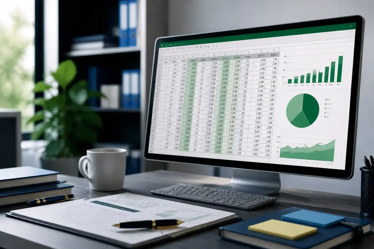 Fogli Excel con tabelle, grafici e strumenti di analisi dei dati