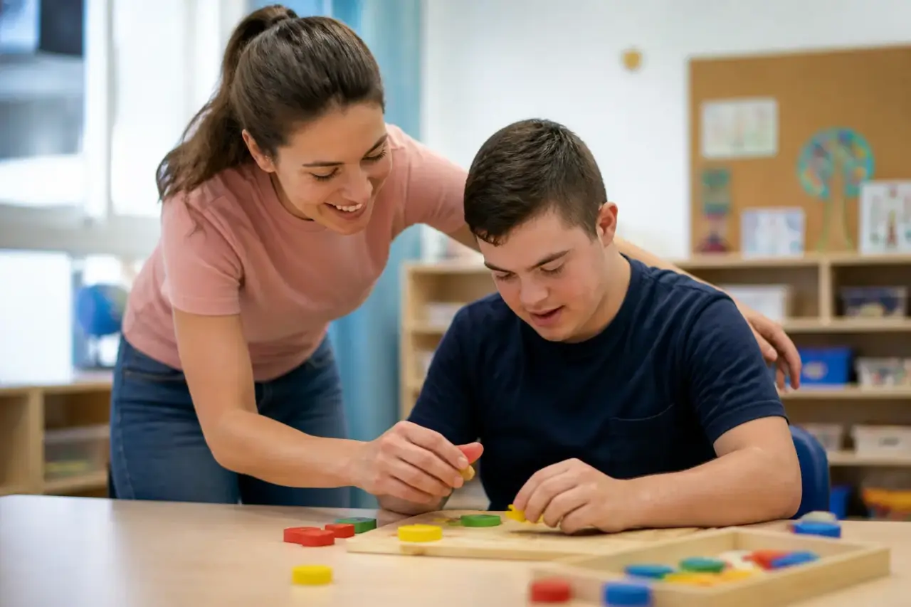 Operatore educativo durante un'attività inclusiva con una persona con disabilità