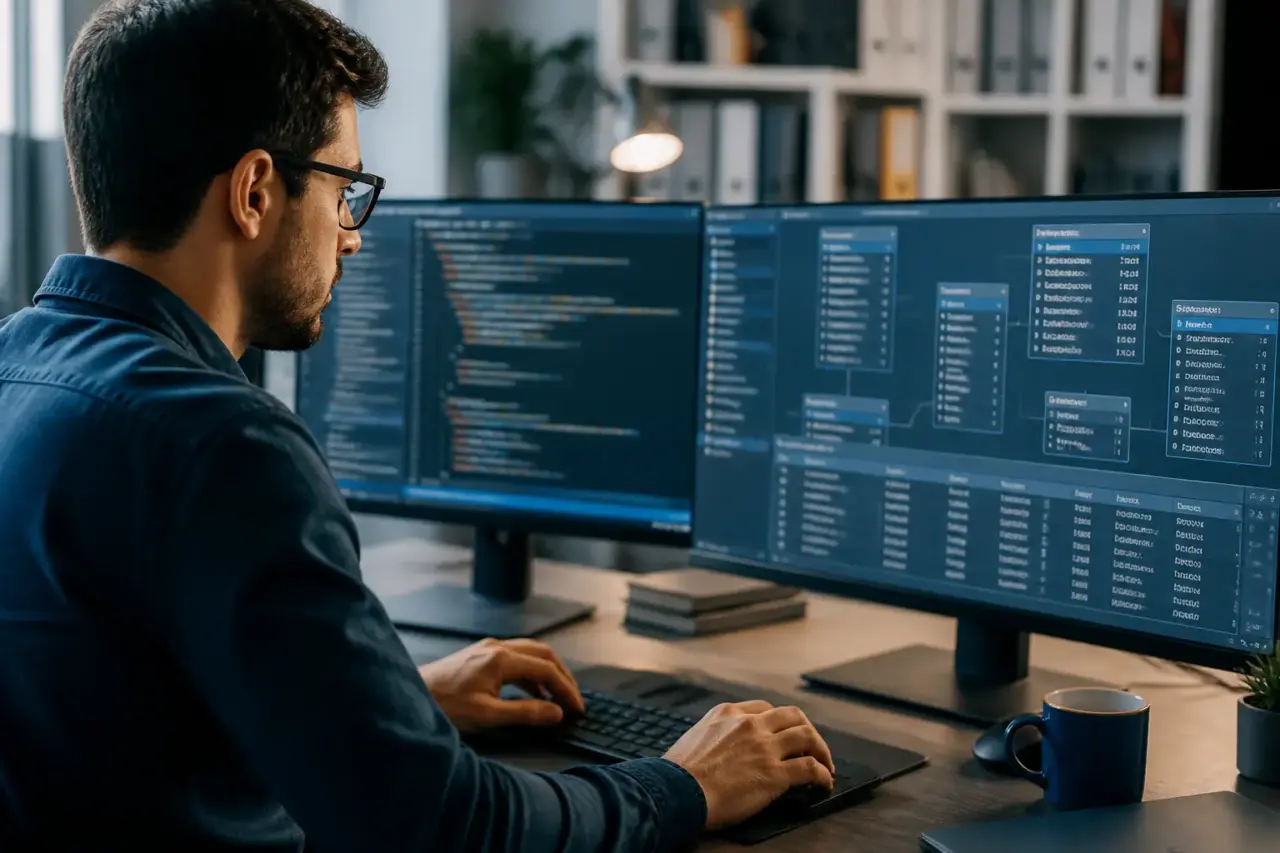 Programmatore al lavoro su codice e database