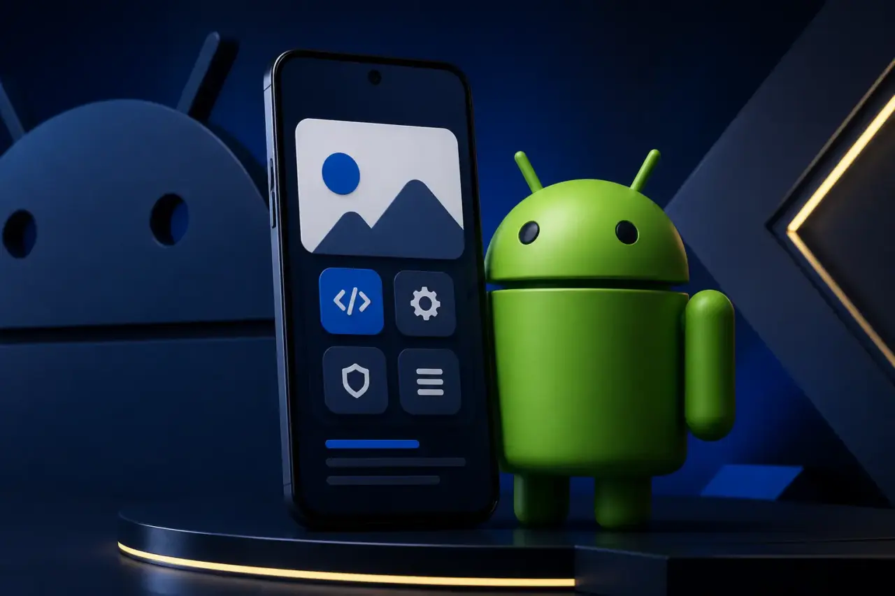 Smartphone con applicazione mobile e mascotte Android riconoscibile