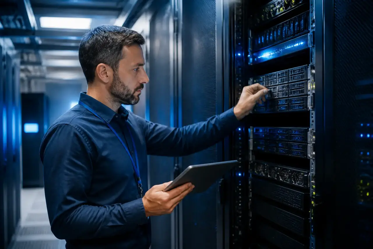 Infrastruttura IT professionale con server, rete e componenti hardware