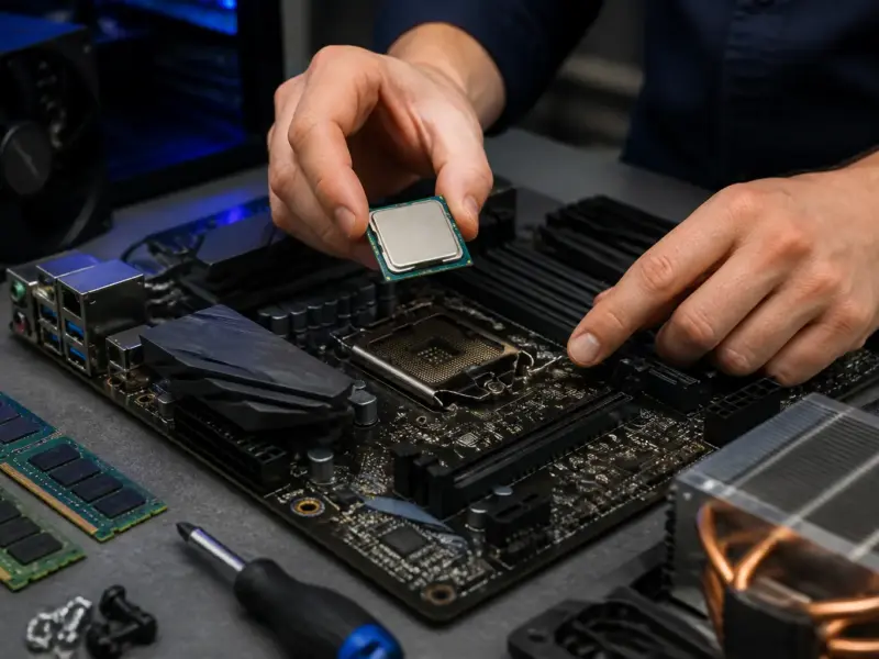 Assemblaggio di un computer con scheda madre, processore e memoria RAM
