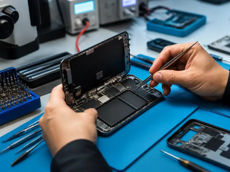 Riparazione di smartphone aperto con strumenti di precisione